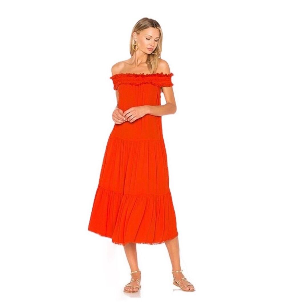 Raquel Allegra Persimmon Silk Off Shoulder Shirred Midi Dress 0 XS